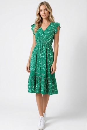 Women’s Green Polka Dot Print Midi Dress with Pockets 