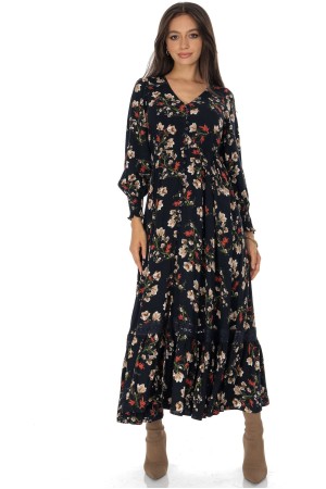 Women’s Navy Floral Print Maxi Dress with Lace and Long Sleeves 