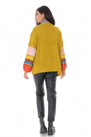 Ladies oversize cardigan - AIMELIA - contrasting stripe sleeves, mustard, BR2348