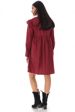 Ladies baby doll style tunic dress - AIMELIA - with lace trim, wine, DR4232