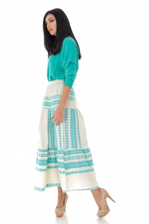 Tiered cotton maxi skirt with contrasting Aztec embroidery - Green - AIMELIA- FR485
