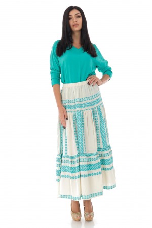 Tiered cotton maxi skirt with contrasting Aztec embroidery - Green - AIMELIA- FR485