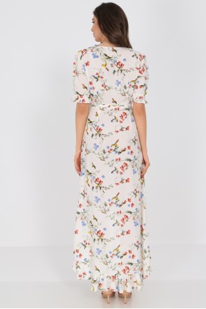 Delicately printed maxi dress, Aimelia Dr4273,in Cream , with a wrapover cut.