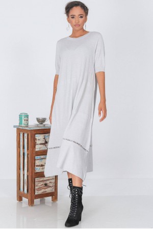 A-line Midi Dress,Aimelia Dr4328 in Grey with a crochet detail at the hemline.