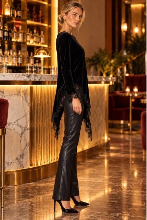 Black Asymmetric Velvet Top with Lace Hem - AIMELIA BR3002