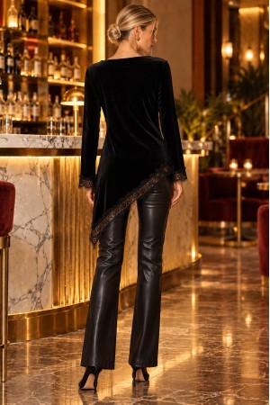 Black Asymmetric Velvet Top with Lace Hem - AIMELIA BR3002