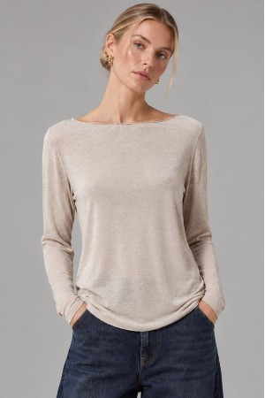 Beige Modal and Cashmere Boat Neck Top - AIMELIA BR3008 Beige Modal and Cashmere Boat Neck Top - AIMELIA BR3008