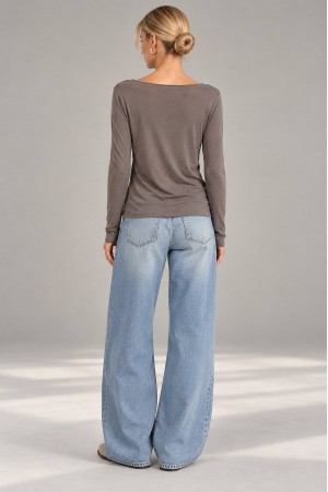 Taupe Modal and Cashmere Boat Neck Top - AIMELIA BR3010 Taupe Modal and Cashmere Boat Neck Top - AIMELIA BR3010