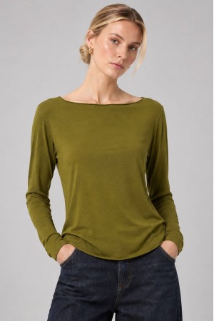 Olive Green Modal and Cashmere Boat Neck Top - AIMELIA BR3009 Olive Green Modal and Cashmere Boat Neck Top - AIMELIA BR3009