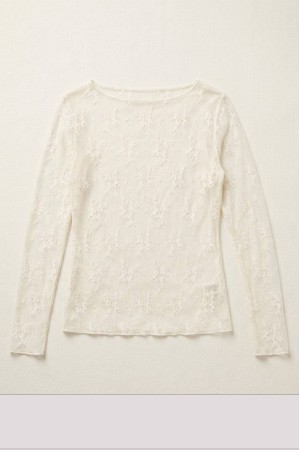 Cream Stretch Lace Boat Neck Long Sleeve Top - AIMELIA BR3000 Cream Stretch Lace Boat Neck Long Sleeve Top - AIMELIA BR3000