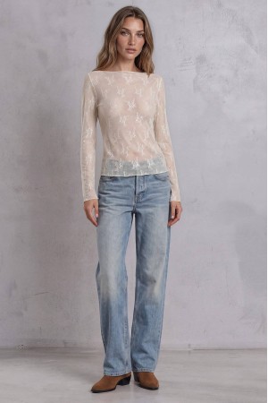 Cream Stretch Lace Boat Neck Long Sleeve Top - AIMELIA BR3000 Cream Stretch Lace Boat Neck Long Sleeve Top - AIMELIA BR3000