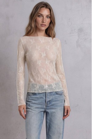 Cream Stretch Lace Boat Neck Long Sleeve Top - AIMELIA BR3000 Cream Stretch Lace Boat Neck Long Sleeve Top - AIMELIA BR3000