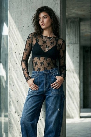 Black Stretch Lace Boat Neck Long Sleeve Top - AIMELIA BR3001 Black Stretch Lace Boat Neck Long Sleeve Top - AIMELIA BR3001