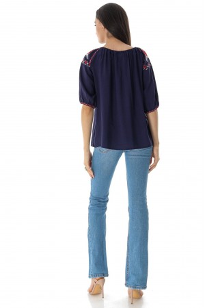 Casual style blouse BR2588 in Navy with contrasting traditional embroidery