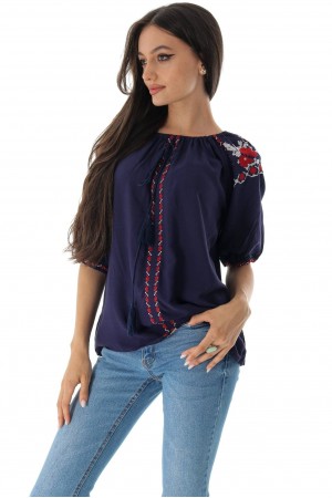 Casual style blouse BR2588 in Navy with contrasting traditional embroidery