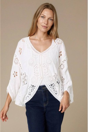 Womens White Crochet Detail Cotton Blend Top Roh BR2958