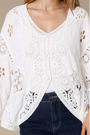 Womens White Crochet Detail Cotton Blend Top Roh BR2958
