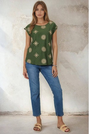 Womens Green Printed Cap Sleeve Top Roh BR2959