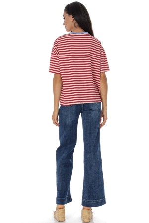  Red & White Stripe Casual Cotton Blend T-Shirt Roh BR2960