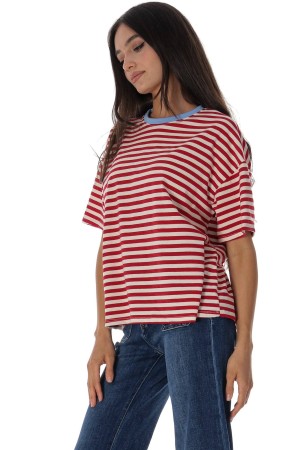  Red & White Stripe Casual Cotton Blend T-Shirt Roh BR2960