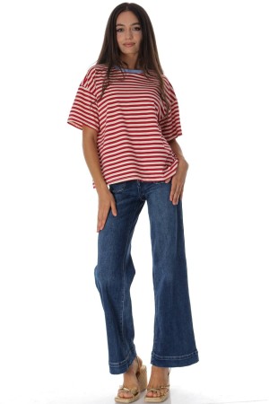  Red & White Stripe Casual Cotton Blend T-Shirt Roh BR2960