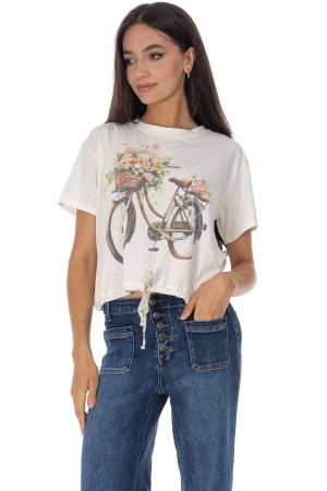 Casual T-Shirt with a bicycle motif in Cream Roh BR2961