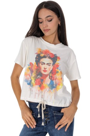 Casual T-Shirt with a colourful portrait in Cream Roh BR2964