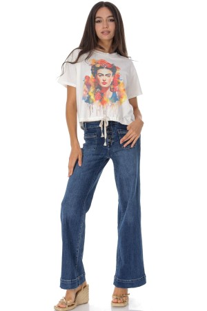 Casual T-Shirt with a colourful portrait in Cream Roh BR2964
