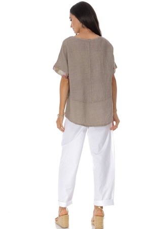 Relaxed fit linen top with a floral print in Beige Roh BR2971