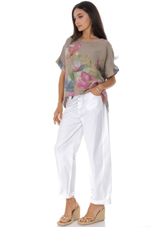 Relaxed fit linen top with a floral print in Beige Roh BR2971