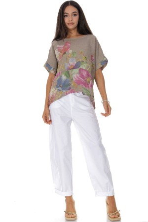 Relaxed fit linen top with a floral print in Beige Roh BR2971