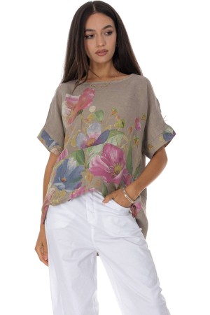 Relaxed fit linen top with a floral print in Beige Roh BR2971