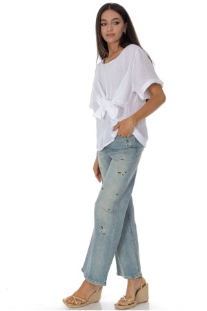  Casual Linen top with a bow detail in White Roh BR2974