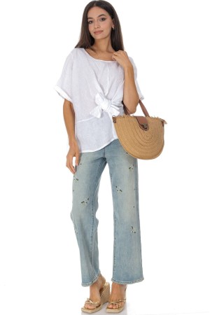  Casual Linen top with a bow detail in White Roh BR2974