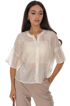 Cream Embroidered Sheer Button Front Top Roh BR2983