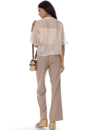 Cream Embroidered Sheer Button Front Top Roh BR2983