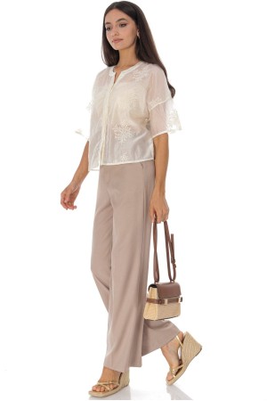 Cream Embroidered Sheer Button Front Top Roh BR2983