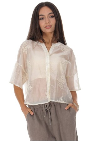 Cream Embroidered Sheer Button Front Top Roh BR2983