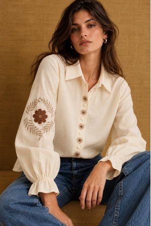 Cream Embroidered Cotton Shirt - AIMELIA BR3031