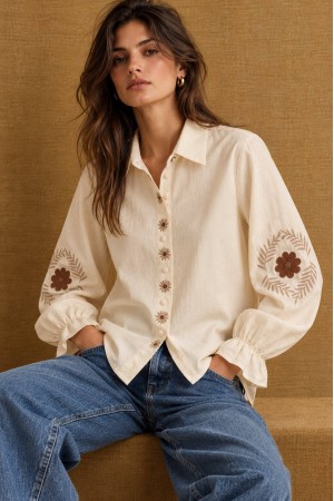 Cream Embroidered Cotton Shirt - AIMELIA BR3031
