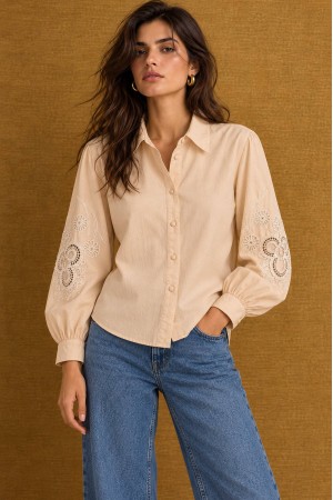 Beige Embroidered Puff Sleeve Cotton Shirt - AIMELIA BR3030