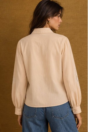Beige Embroidered Puff Sleeve Cotton Shirt - AIMELIA BR3030