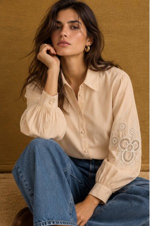 Beige Embroidered Puff Sleeve Cotton Shirt - AIMELIA BR3030