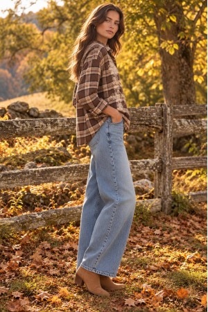 Brown Oversized Check Shirt with Embroidery - AIMELIA BR3033