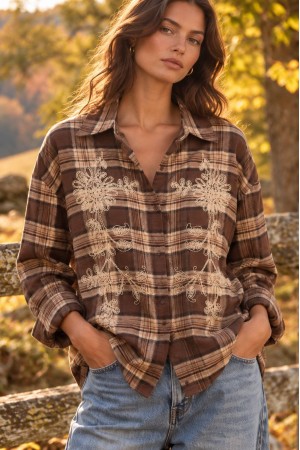 Brown Oversized Check Shirt with Embroidery - AIMELIA BR3033