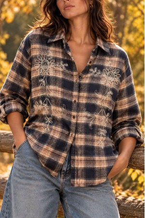 Navy Oversized Check Shirt with Embroidery - AIMELIA BR3034