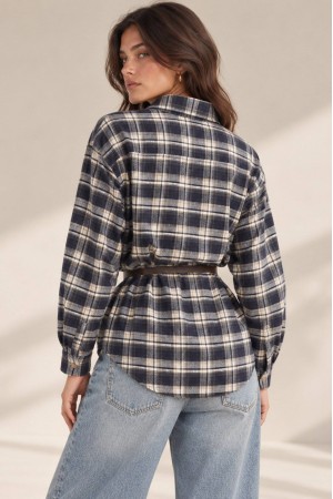 Navy Oversized Check Shirt with Belt - AIMELIA BR3032