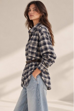 Navy Oversized Check Shirt with Belt - AIMELIA BR3032