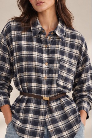 Navy Oversized Check Shirt with Belt - AIMELIA BR3032