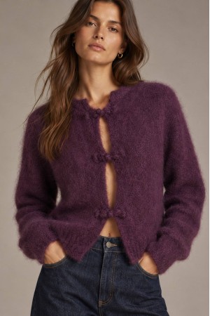 Purple Kid Mohair Mandarin Collar Cardigan - AIMELIA BR3014